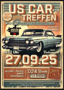 Ein blauer Oldtimer auf einem Plakat für ein US-Auto-Treffen am 27.09.25.